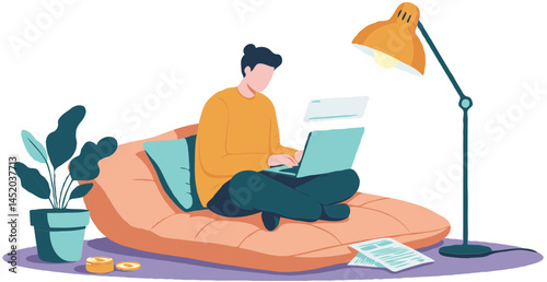 Working Remotely on Laptop Sitting Comfortably Beanbag