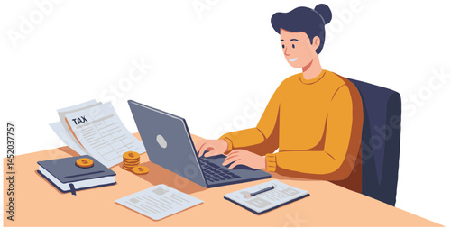  Woman Calculating Taxes Working Remotely on Laptop Finance