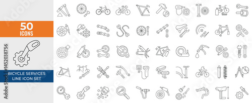 Bicycle Service Icons Collection with Helmet, Cleaning, Mechanic, Delivery, Customization, Spare Parts, Storage, Locker,  Elegant Thin Line Illustrations