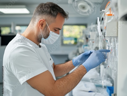 Caucasian man in medical scrubs preparing equipment in hospital