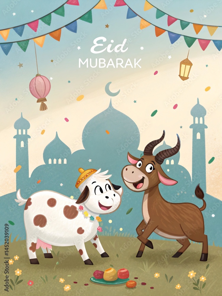 Naklejka premium Playful Eid al-Adha Animal Parade with Mosque and Balloons