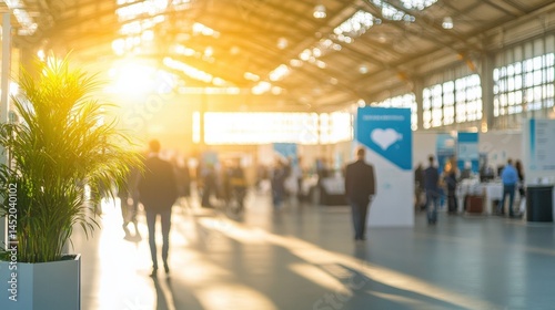 Bright and bustling trade show in a spacious venue with attendees networking and displays