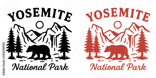 Yosemite national park monoline badge design with bear-vintage outdoor adventure photo