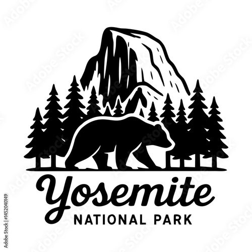 Yosemite national park monoline badge design with bear-vintage outdoor adventure photo