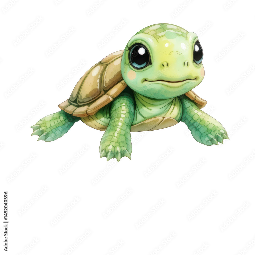 Fototapeta premium Cute green turtle with big eyes and brown shell looking forward with gentle expression