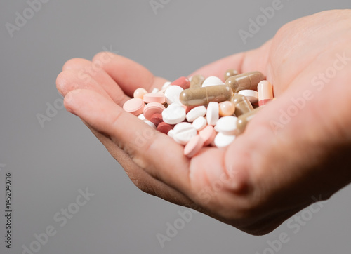 A hand holding a large number of multicolored pills and capsules in its palm, against a light gray background.