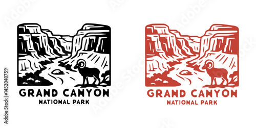 Grand Canyon national park monoline badge design with mountain goat-vintage outdoor adventure