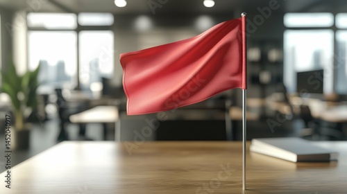 A red flag displayed prominently on a desk in a modern office space.