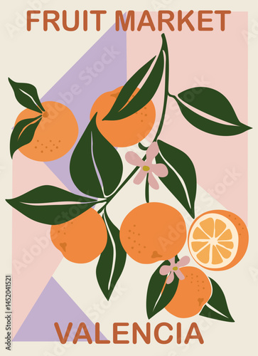 Abstract Fruit Market Valencia retro poster. Trendy contemporary wall art with orange fruits design. Modern naive groovy interior decoration, vector art painting.
