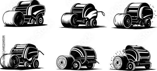 Hay baler ejecting round bale black and white silhouette - icons set