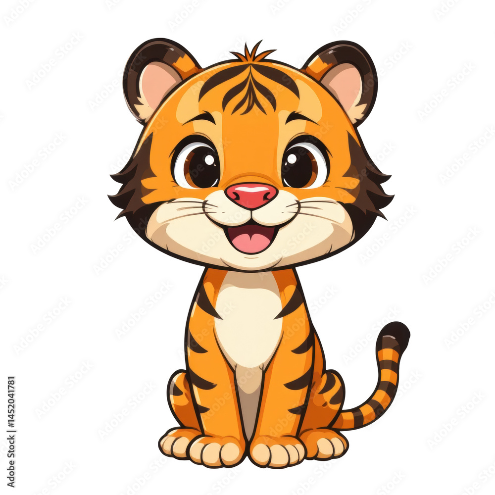 Cute tiger cub sitting with happy expression and bright eyes, showing playful and friendly mood Cute tiger cub sitting with happy expression and bright eyes, showing playful and friendly mood