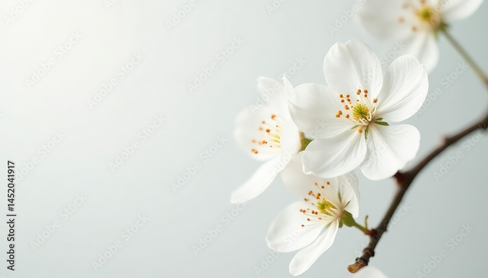 Obraz premium Delicate white blossoms against pure white backdrop, botanical, isolated, subtle