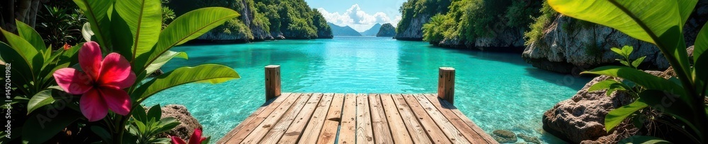 Fototapeta premium Weathered wooden dock, vibrant tropical flora framing crystal-clear water, flowers, leaves