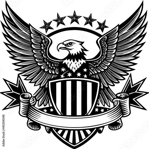 Heraldic design features a shield with wings, an eagle emblem, and a vintage banner, showcasing a classic symbol of heraldry