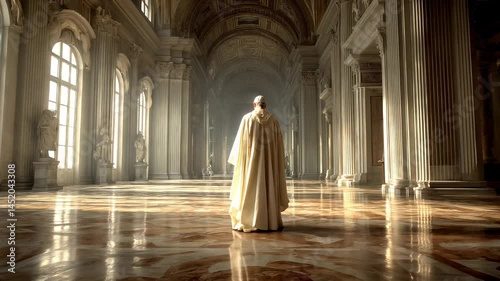 Pope of Rome walks through majestic cathedral bathed in golden light, emphasizing grandeur and sacred atmosphere of historic cathedral. Spiritual reflection of Pope of Rome, tradition inside cathedral