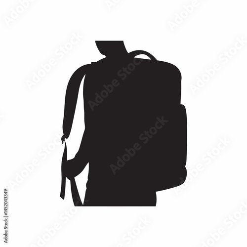 Silhouette of a traveler with a backpack bold black shapes against a white background simple graphic design minimalist
