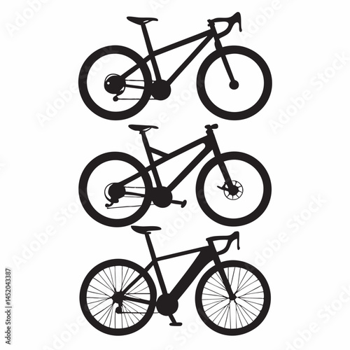 Three sleek bicycle silhouettes bold black shapes against a white background showcasing elegant bike designs in a