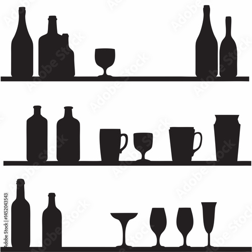 Stylish barware silhouette Bottles glasses mugs and cocktail shaker on shelves Simple black and white graphic design