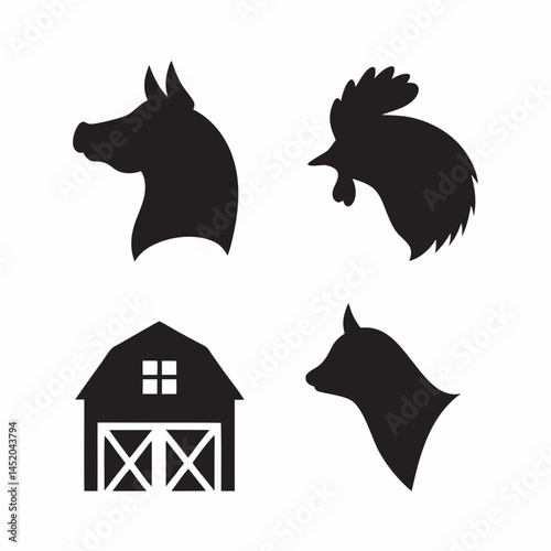 Farm animal silhouettes horse rooster cow barn Simple black shapes against a white background Perfect for logos