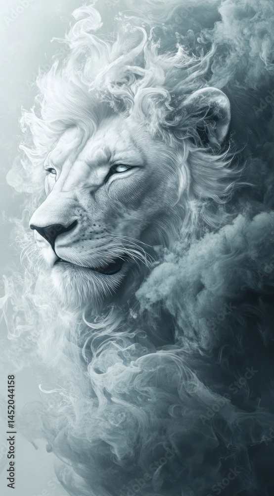 Majestic white lion portrait emerging from ethereal clouds, with striking blue eyes