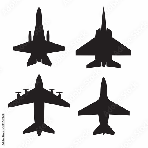 Powerful Aircraft Silhouettes Four distinct plane designs bold black shapes against a stark white background showcasing