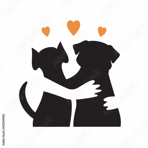 Adorable cat and dog silhouette embracing showcasing heartwarming pet love and friendship in a simple minimalist design