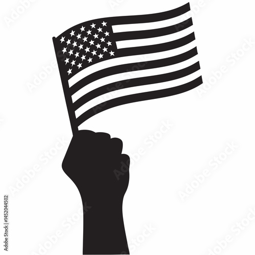 Powerful Silhouette Hand Holding US Flag Bold Black and White Strong Patriotism Graphic Design Simple Clean Image