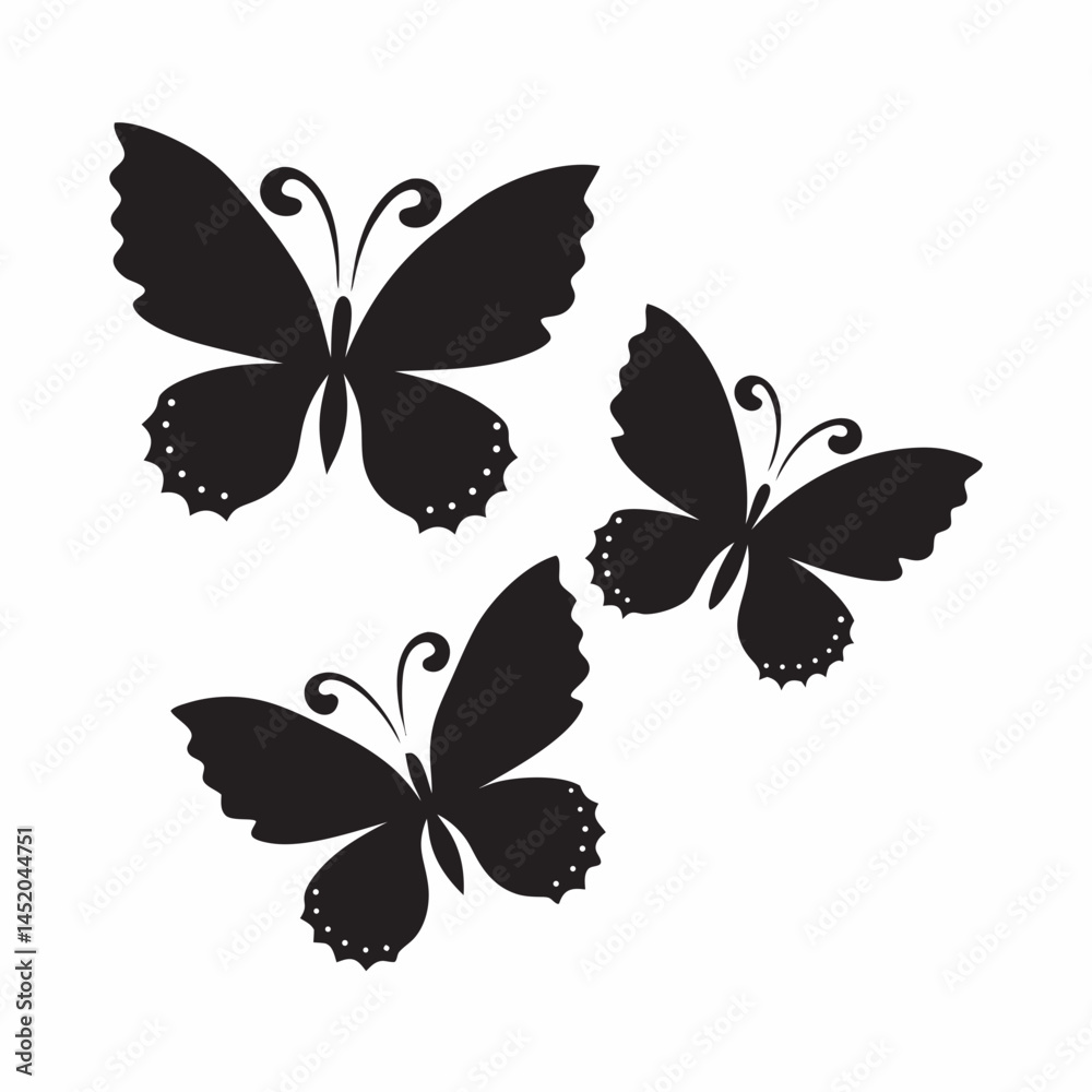 Elegant black butterfly silhouettes on white background showcasing intricate wing shapes and delicate outlines in stark Elegant black butterfly silhouettes on white background showcasing intricate wing shapes and delicate outlines in stark
