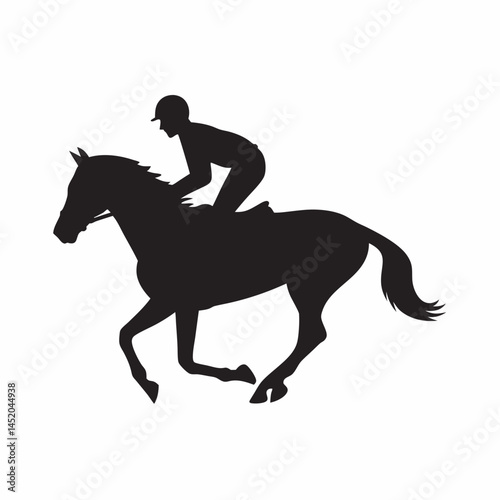 Powerful silhouette of a jockey riding a horse dynamic shapes strong contrast against a white background bold black