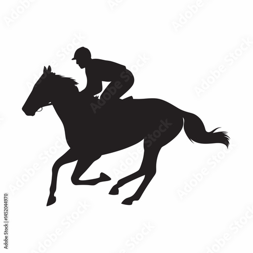 Powerful Silhouette of Jockey Horse Racing Dynamically Captured in Bold Black on White Background