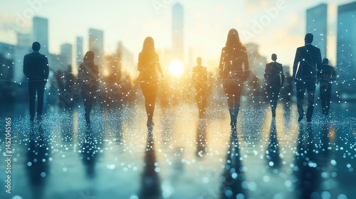 Silhouettes of Businesspeople Walking Towards a Bright Future in a Cityscape