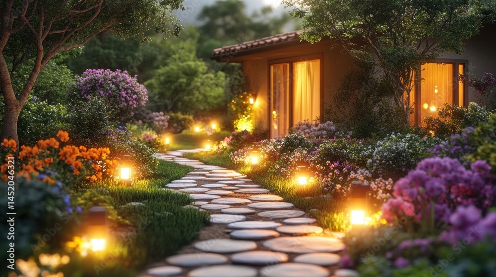 Evening Serenity: A Picturesque Garden Path Illuminating a Tranquil Home Evening Serenity: A Picturesque Garden Path Illuminating a Tranquil Home