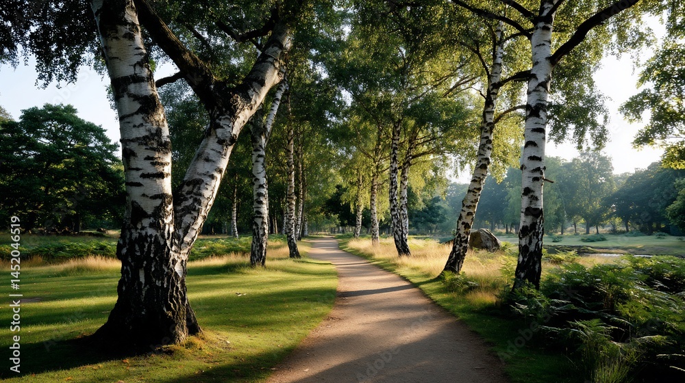 Obraz premium Birches grace golden path to nowhere