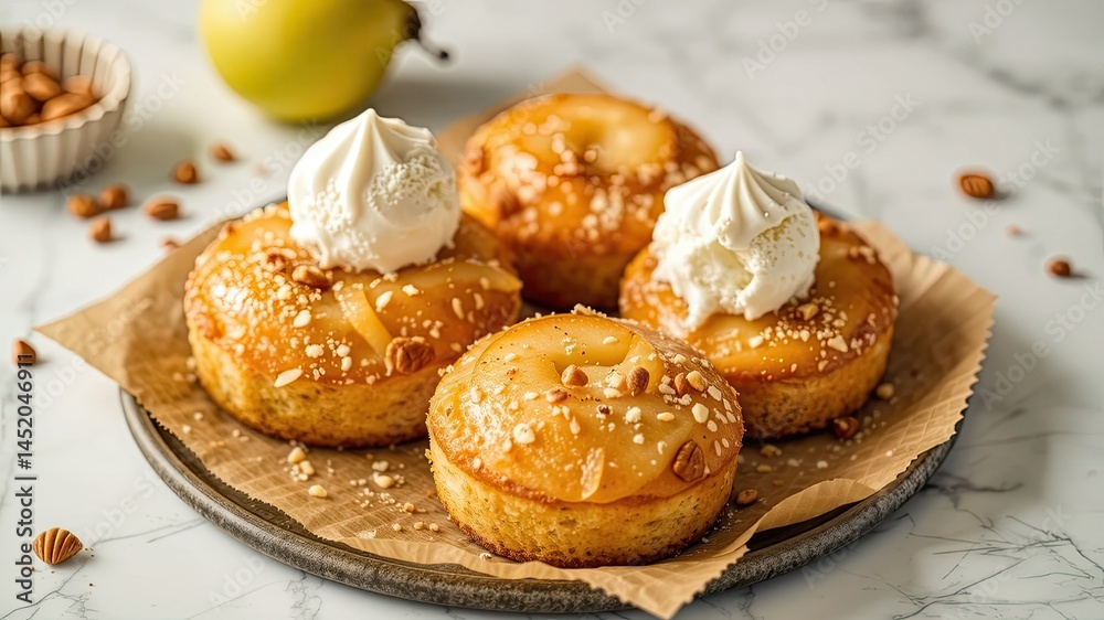 Pear Almond Cakes with Vanilla Ice Cream on Marble Pear Almond Cakes with Vanilla Ice Cream on Marble