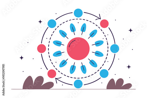 Circular sun core with orbiting round petals like planets
