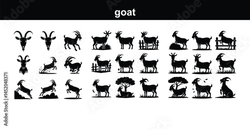 Goat Silhouette Set | Farm Animal Icon Collection Goat Icons Bundle | Livestock, Mountain Goat Silhouettes