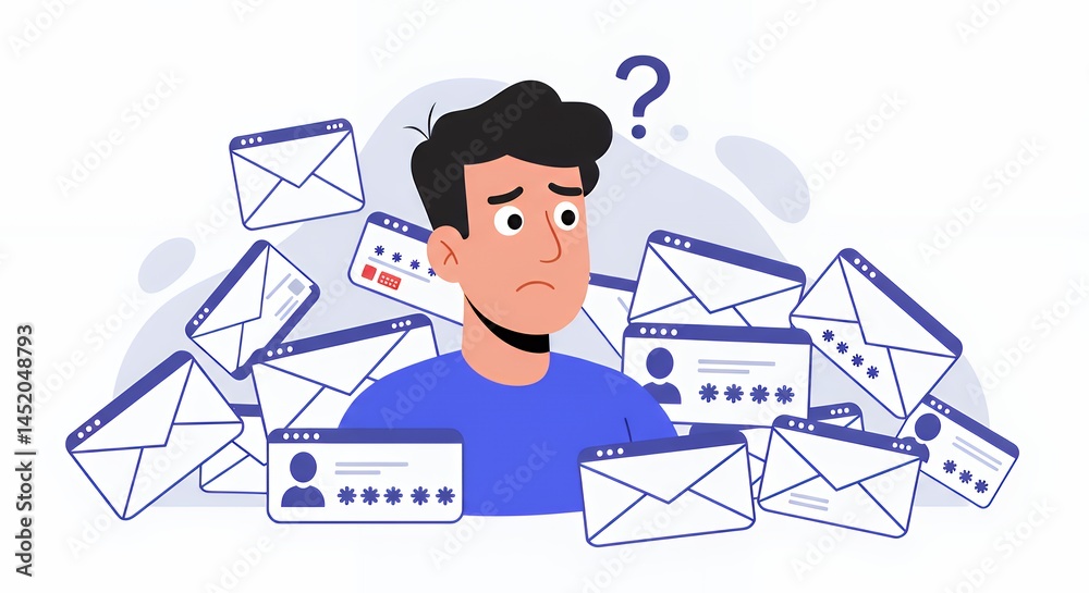 Man Surrounded by Emails with Passwords and Security Questions Feeling Confused