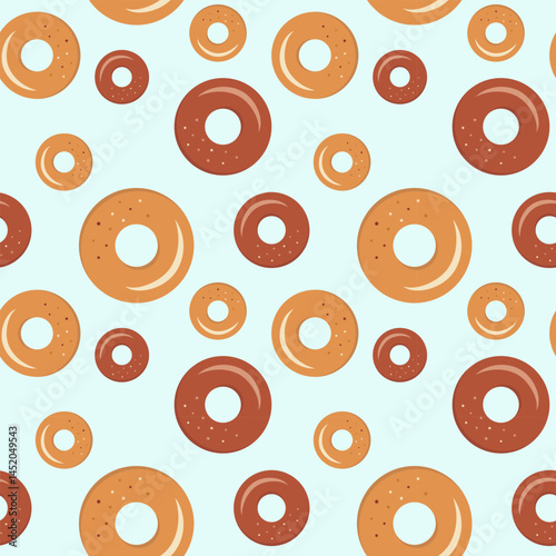 Seamless cookie pattern. Round bagels on a light background. Vector illustration for design projects