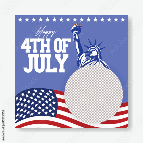 4th of July American independence day celebration greeting card, social media post, banner, ad, square flyer or poster template; 4th of July vector illustration background