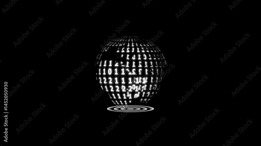 Globe and spheres of binary code in grid landscape,Code in the screen icon animation.