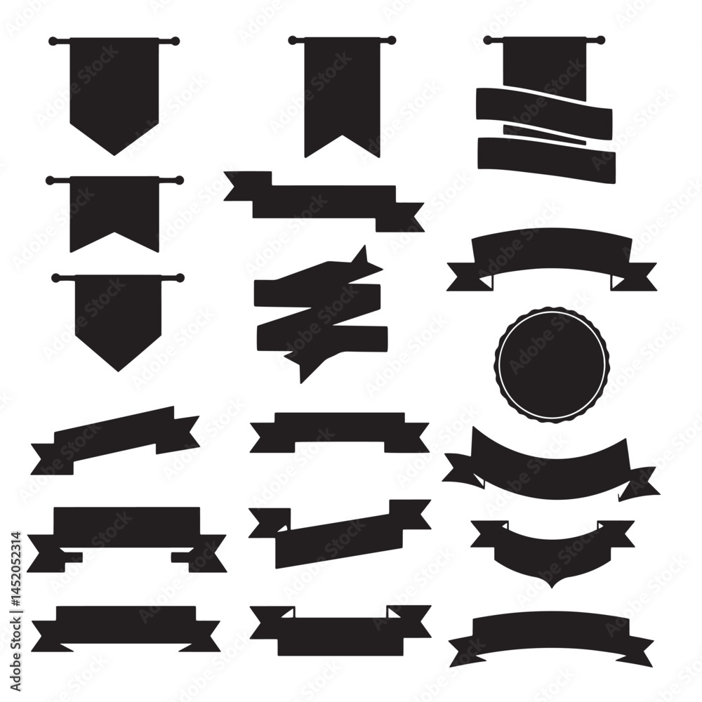 Layered scroll start ribbons banner element set silhouette for icon, label design, and classic templates
Layered scroll start ribbons banner element set silhouette for icon, label design, and classic templates
