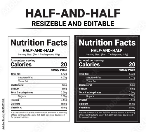half and half nutrition facts, nutrition label, food label dietary info