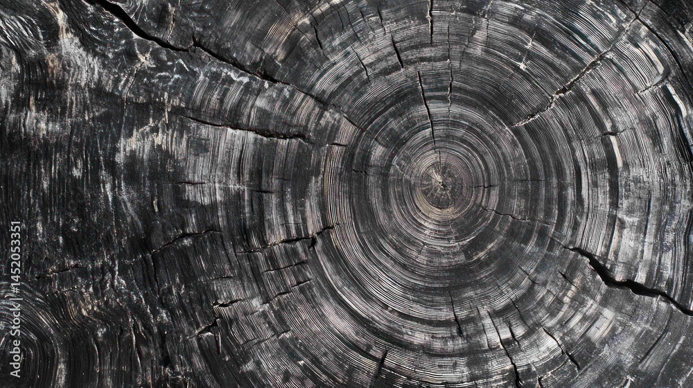 Fototapeta premium Close-up of a dark tree stump with visible rings and cracked, rough texture.