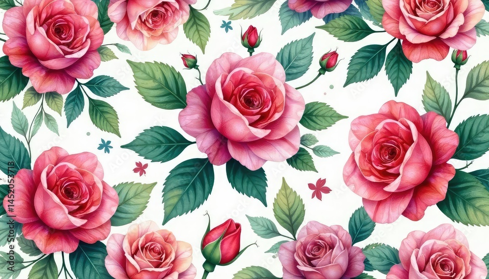 Intricate watercolor rose pattern, blooming buds and leaves , blossom, leaves, fabric