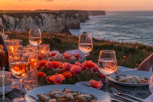 Dining at sunset amidst blooming poppies near the cliffs with ocean views creating a perfect evening atmosphere