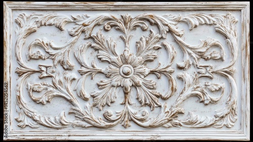 Ornate white and brown wood carving, intricate floral relief pattern.