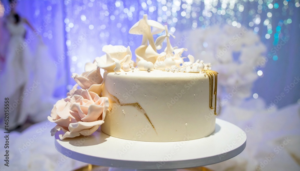 Fototapeta premium Elegant White Cake with Gold Drips Sugar Roses on Display