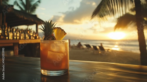 Fototapeta Naklejka Na Ścianę i Meble -  Tropical cocktail with pineapple garnish on a bar with sunset beach view.