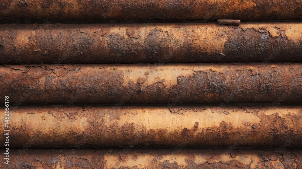 Close-up view of weathered, rusty metal pipes stacked horizontally, showcasing texture and decay Close-up view of weathered, rusty metal pipes stacked horizontally, showcasing texture and decay