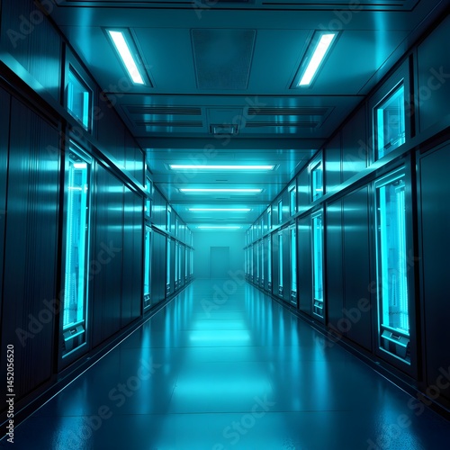 Futuristic sci-fi corridor with glowing blue energy bars and metallic walls, illuminated by cold white lights in a tense, high-security atmosphere — 3D render